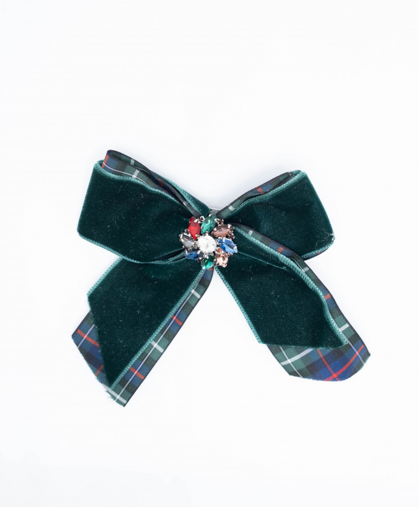 Velvet bow brooch with central jewel button